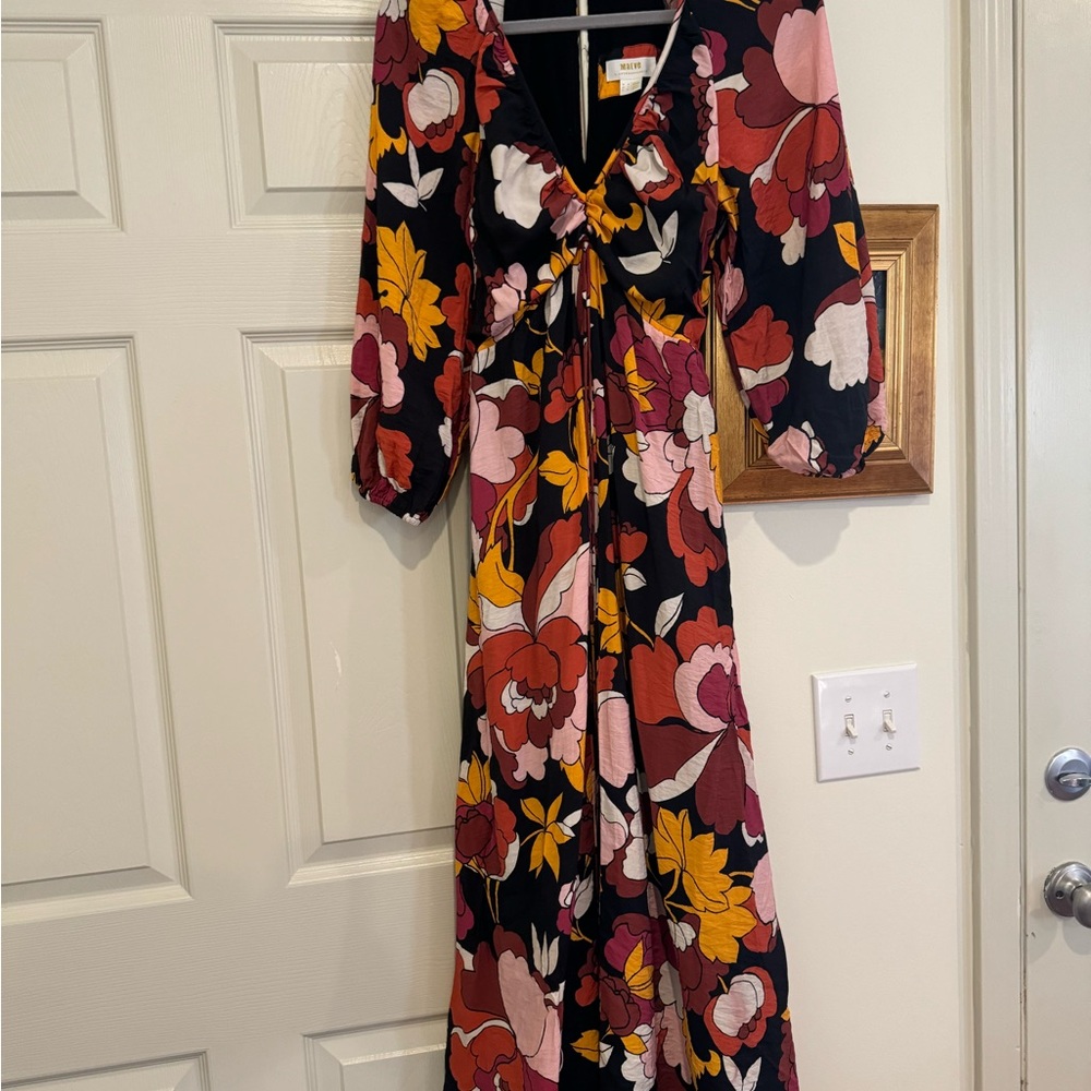 Anthropologie Maeve Deep V Ruched midi maxi Dress size 4 black red orange boho
